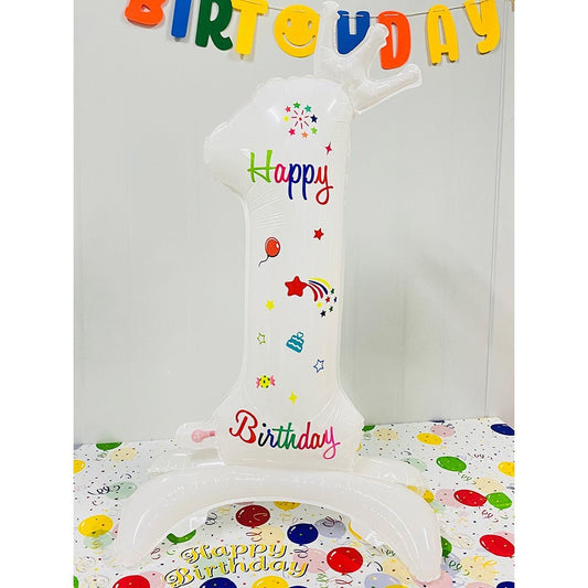 Balon din Folie Metalizata, Figurina Cifra, Model 1 cu Happy Birthday Scris, Tema Aniversare 81 cm, Ambalaj Individual, Pai Inclus, Umflare cu Aer sau Heliu, Alb