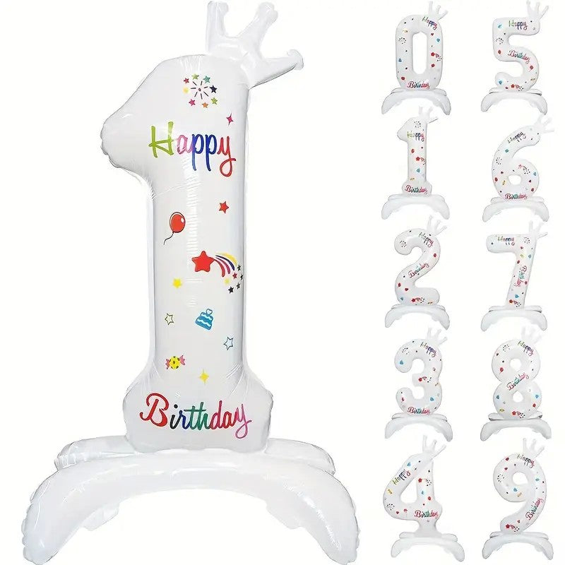 Balon din Folie Metalizata, Figurina Cifra, Model 1 cu Happy Birthday Scris, Tema Aniversare 81 cm, Ambalaj Individual, Pai Inclus, Umflare cu Aer sau Heliu, Alb