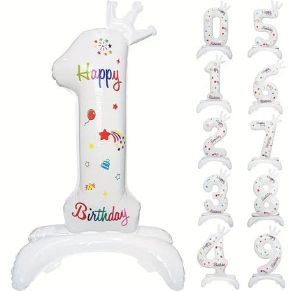 Balon din Folie Metalizata, Figurina Cifra, Model 1 cu Happy Birthday Scris, Tema Aniversare 81 cm, Ambalaj Individual, Pai Inclus, Umflare cu Aer sau Heliu, Alb