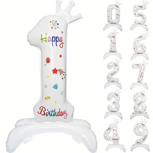 Balon din Folie Metalizata, Figurina Cifra, Model 1 cu Happy Birthday Scris, Tema Aniversare 81 cm, Ambalaj Individual, Pai Inclus, Umflare cu Aer sau Heliu, Alb