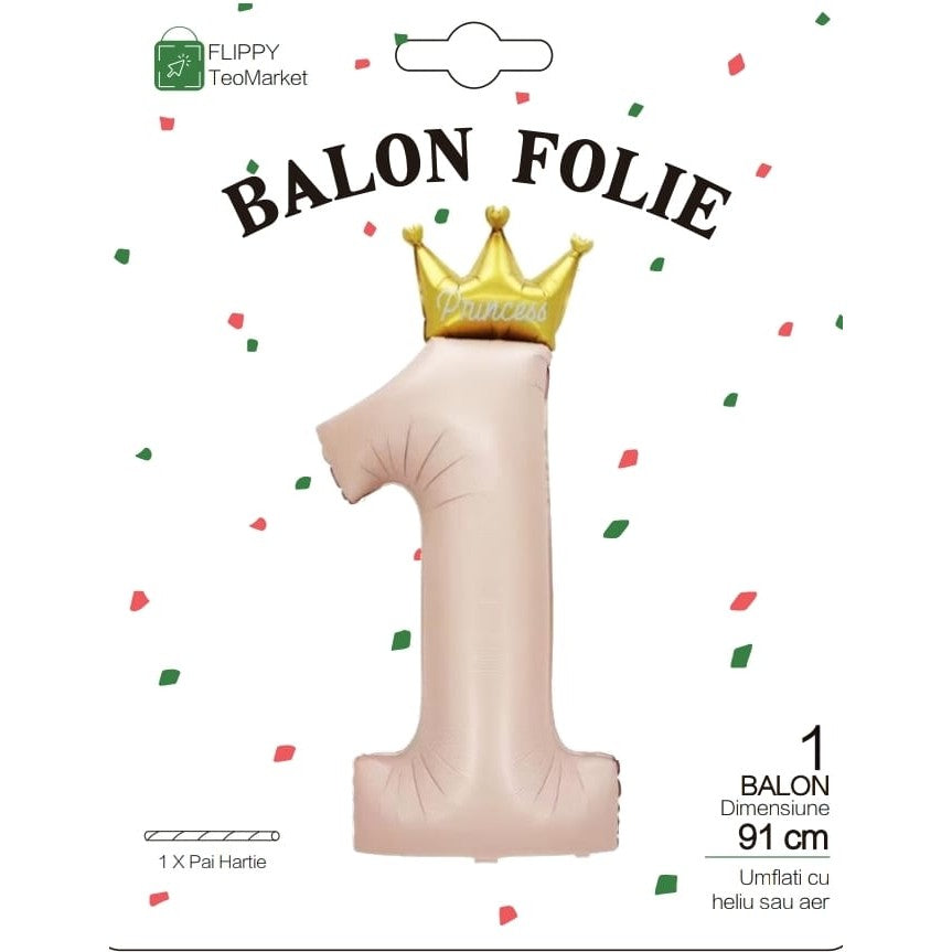 Balon din Folie Metalizata, Figurina Cifra, Model 1, Tema Aniversare 100 cm, Ambalaj Individual, Pai Inclus, Umflare cu Aer sau Heliu, Crem