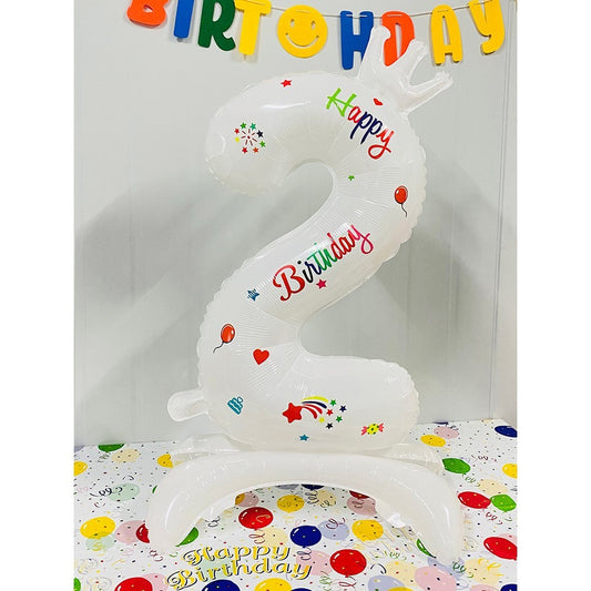 Balon din Folie Metalizata, Figurina Cifra, Model 2 cu Happy Birthday Scris, Tema Aniversare 81 cm, Ambalaj Individual, Pai Inclus, Umflare cu Aer sau Heliu, Alb