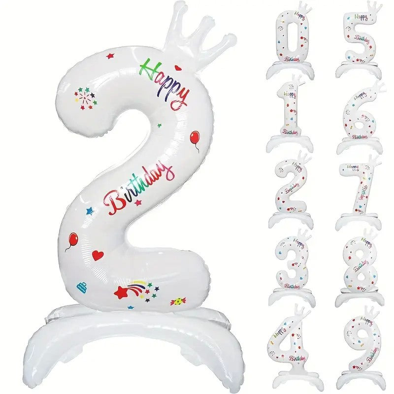 Balon din Folie Metalizata, Figurina Cifra, Model 2 cu Happy Birthday Scris, Tema Aniversare 81 cm, Ambalaj Individual, Pai Inclus, Umflare cu Aer sau Heliu, Alb