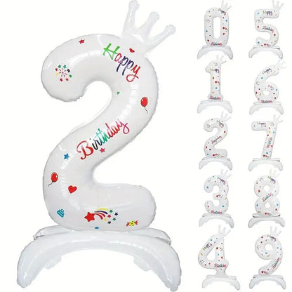 Balon din Folie Metalizata, Figurina Cifra, Model 2 cu Happy Birthday Scris, Tema Aniversare 81 cm, Ambalaj Individual, Pai Inclus, Umflare cu Aer sau Heliu, Alb