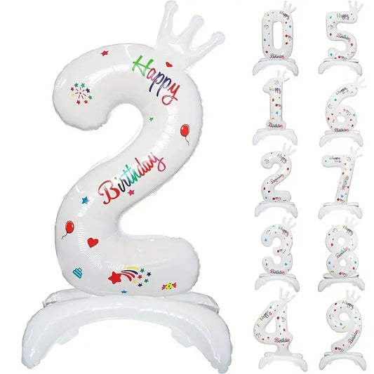 Balon din Folie Metalizata, Figurina Cifra, Model 2 cu Happy Birthday Scris, Tema Aniversare 81 cm, Ambalaj Individual, Pai Inclus, Umflare cu Aer sau Heliu, Alb
