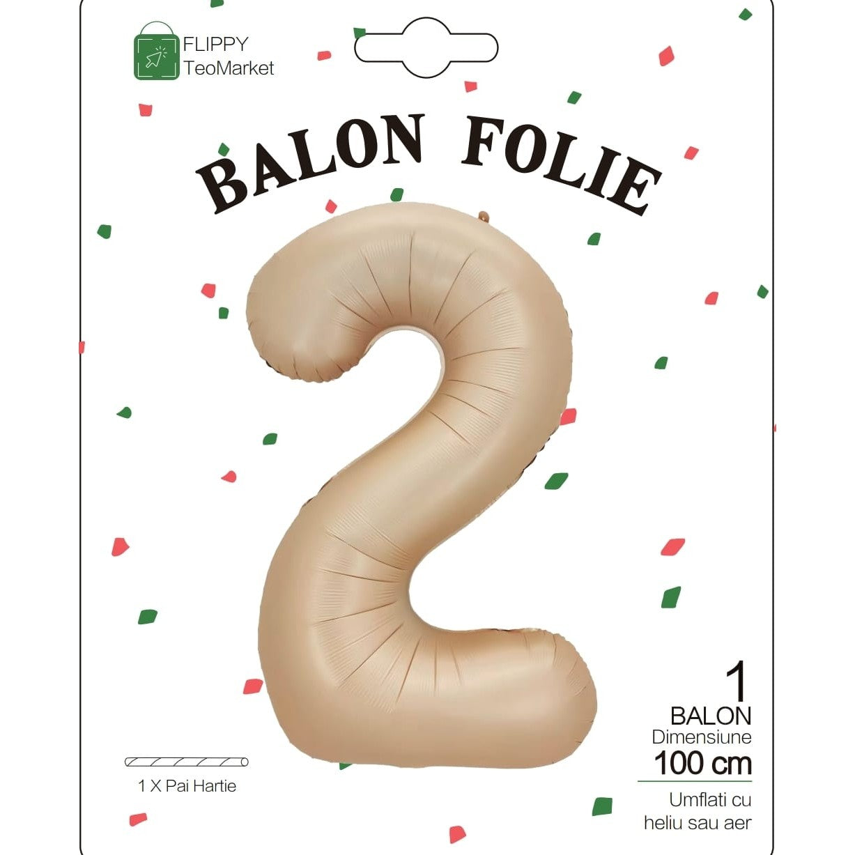 Balon din Folie Metalizata, Figurina Cifra, Model 2, Tema Aniversare 100 cm, Ambalaj Individual, Pai Inclus, Umflare cu Aer sau Heliu, Crem
