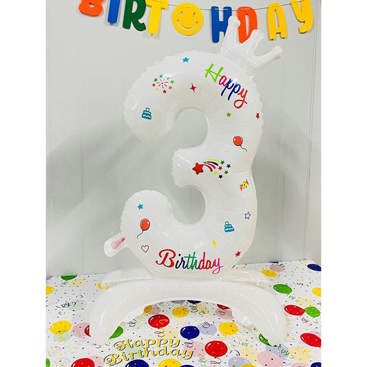 Balon din Folie Metalizata, Figurina Cifra, Model 3 cu Happy Birthday Scris, Tema Aniversare 81 cm, Ambalaj Individual, Pai Inclus, Umflare cu Aer sau Heliu, Alb