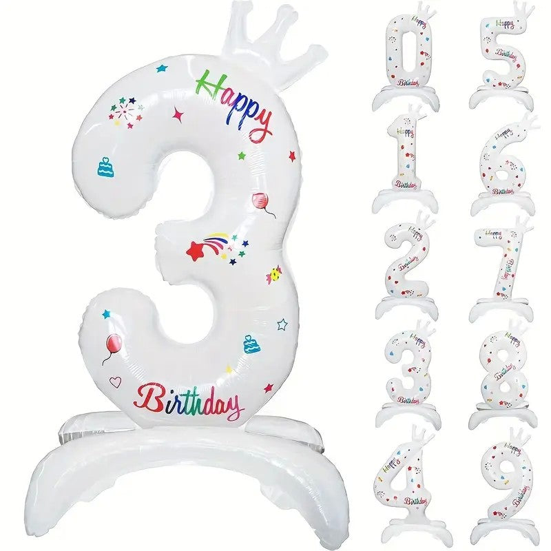 Balon din Folie Metalizata, Figurina Cifra, Model 3 cu Happy Birthday Scris, Tema Aniversare 81 cm, Ambalaj Individual, Pai Inclus, Umflare cu Aer sau Heliu, Alb