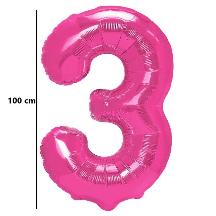 Balon din Folie Metalizata, Figurina Cifra, Model 3, Tema Aniversare 100 cm, Ambalaj Individual, Pai Inclus, Umflare cu Aer sau Heliu, Roz