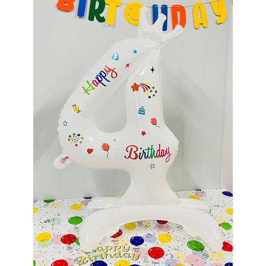 Balon din Folie Metalizata, Figurina Cifra, Model 4 cu Happy Birthday Scris, Tema Aniversare 81 cm, Ambalaj Individual, Pai Inclus, Umflare cu Aer sau Heliu, Alb