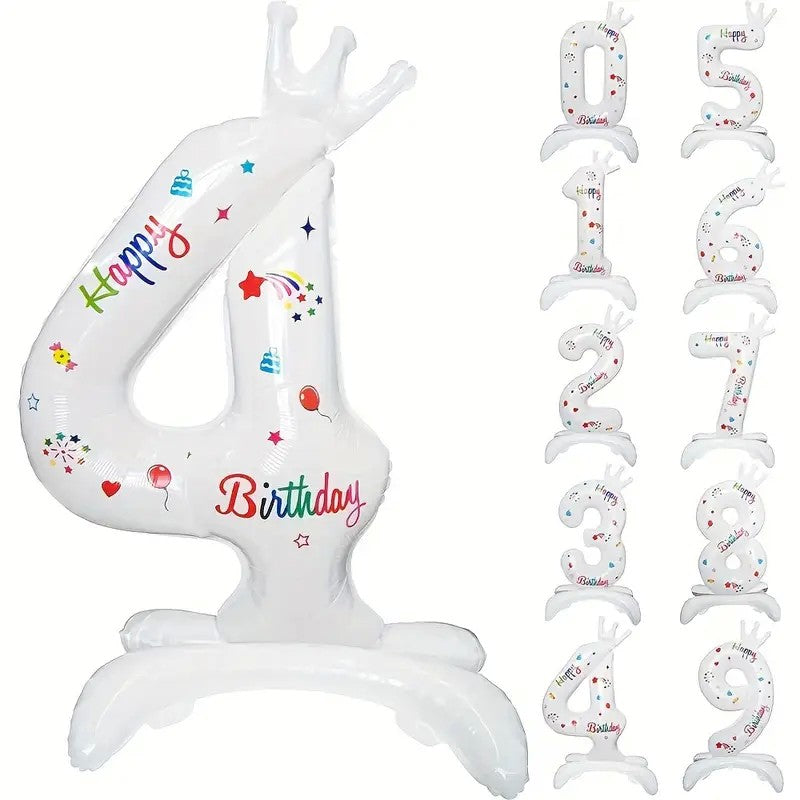 Balon din Folie Metalizata, Figurina Cifra, Model 4 cu Happy Birthday Scris, Tema Aniversare 81 cm, Ambalaj Individual, Pai Inclus, Umflare cu Aer sau Heliu, Alb