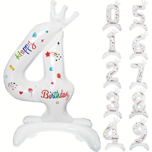 Balon din Folie Metalizata, Figurina Cifra, Model 4 cu Happy Birthday Scris, Tema Aniversare 81 cm, Ambalaj Individual, Pai Inclus, Umflare cu Aer sau Heliu, Alb