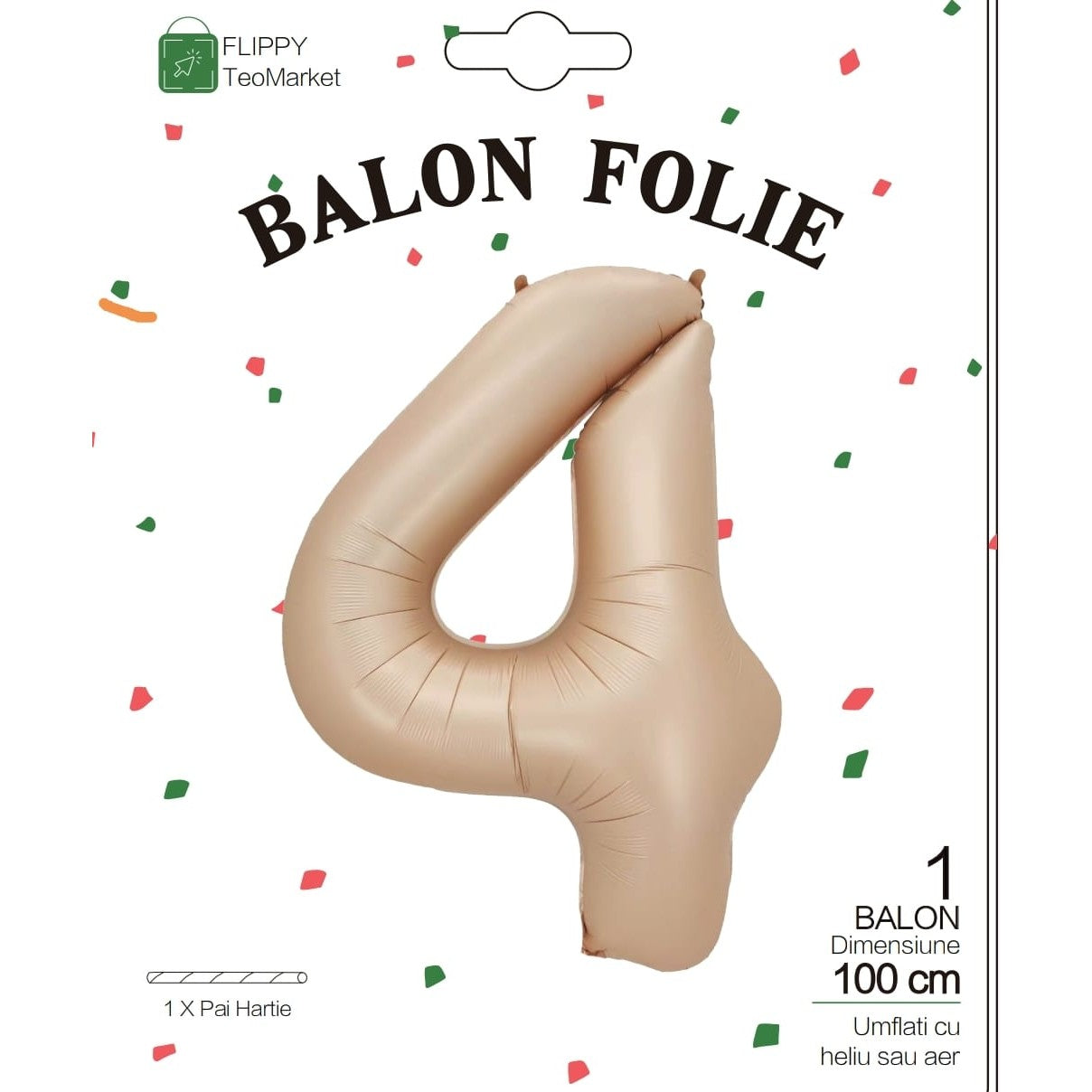 Balon din Folie Metalizata, Figurina Cifra, Model 4, Tema Aniversare 100 cm, Ambalaj Individual, Pai Inclus, Umflare cu Aer sau Heliu, Crem