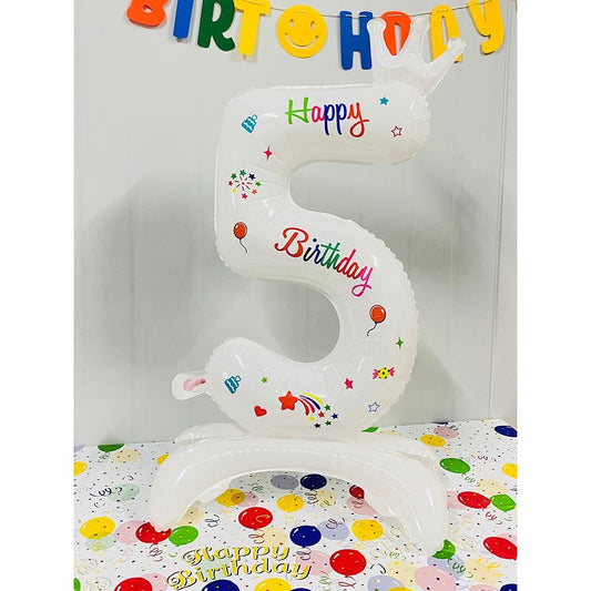 Balon din Folie Metalizata, Figurina Cifra, Model 5 cu Happy Birthday Scris, Tema Aniversare 81 cm, Ambalaj Individual, Pai Inclus, Umflare cu Aer sau Heliu, Alb