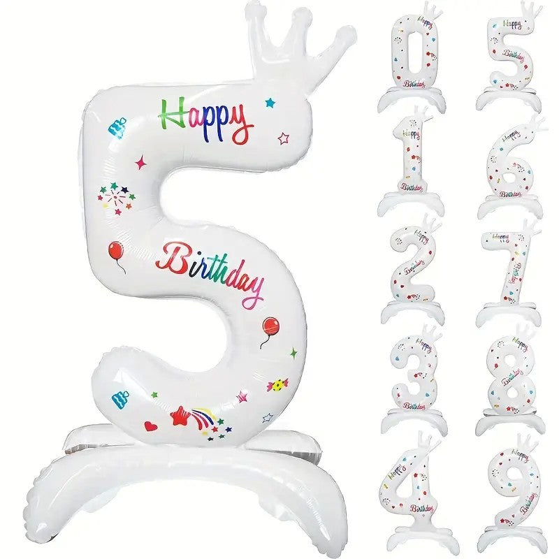 Balon din Folie Metalizata, Figurina Cifra, Model 5 cu Happy Birthday Scris, Tema Aniversare 81 cm, Ambalaj Individual, Pai Inclus, Umflare cu Aer sau Heliu, Alb
