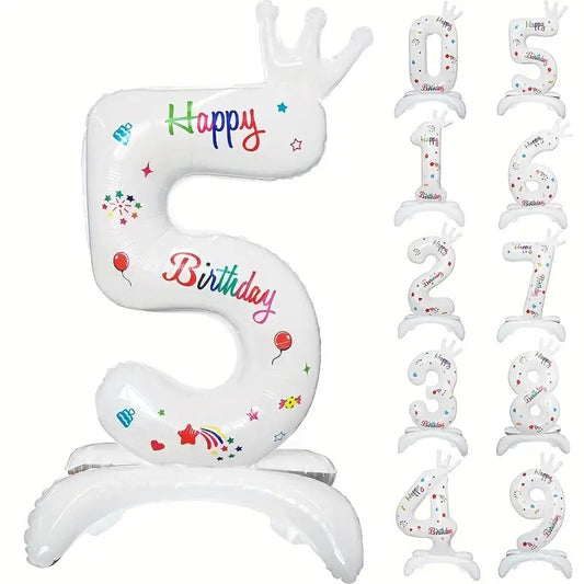 Balon din Folie Metalizata, Figurina Cifra, Model 5 cu Happy Birthday Scris, Tema Aniversare 81 cm, Ambalaj Individual, Pai Inclus, Umflare cu Aer sau Heliu, Alb