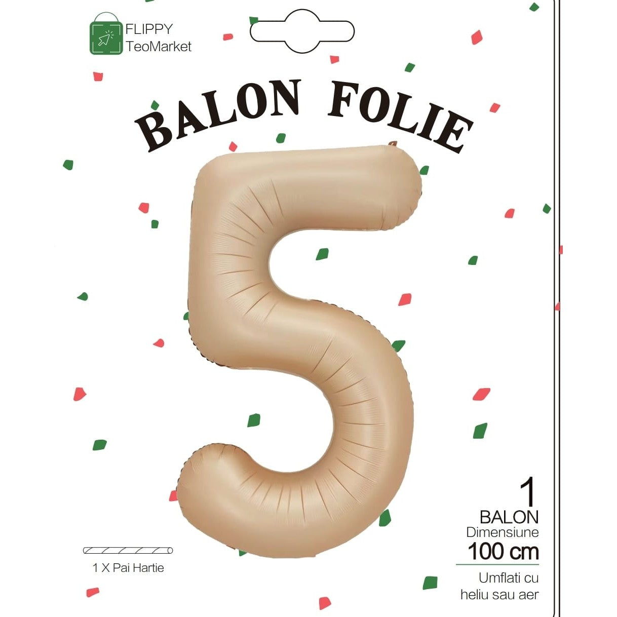 Balon din Folie Metalizata, Figurina Cifra, Model 5, Tema Aniversare 100 cm, Ambalaj Individual, Pai Inclus, Umflare cu Aer sau Heliu, Crem