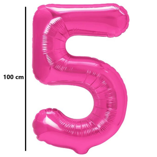 Balon din Folie Metalizata, Figurina Cifra, Model 5, Tema Aniversare 100 cm, Ambalaj Individual, Pai Inclus, Umflare cu Aer sau Heliu, Roz