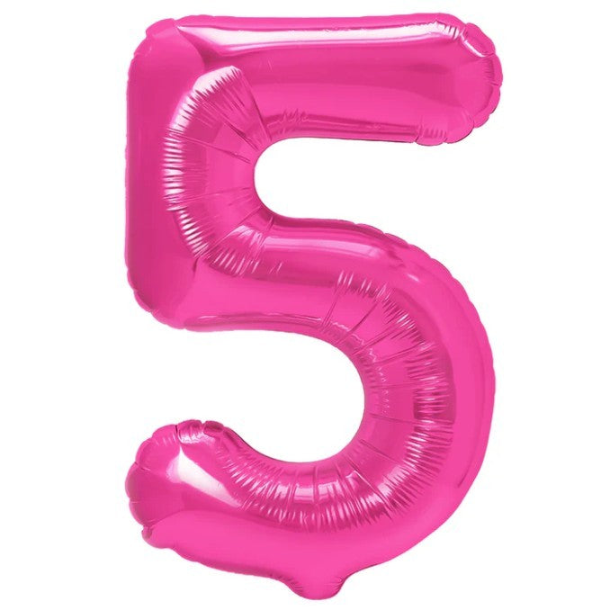 Balon din Folie Metalizata, Figurina Cifra, Model 5, Tema Aniversare 100 cm, Ambalaj Individual, Pai Inclus, Umflare cu Aer sau Heliu, Roz