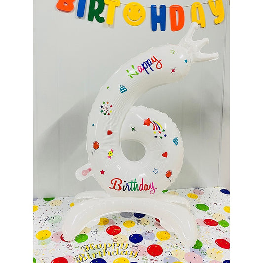 Balon din Folie Metalizata, Figurina Cifra, Model 6 cu Happy Birthday Scris, Tema Aniversare 81 cm, Ambalaj Individual, Pai Inclus, Umflare cu Aer sau Heliu, Alb