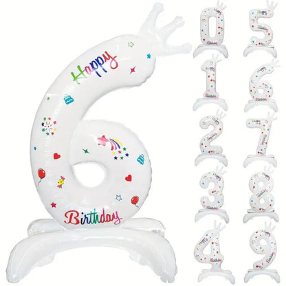 Balon din Folie Metalizata, Figurina Cifra, Model 6 cu Happy Birthday Scris, Tema Aniversare 81 cm, Ambalaj Individual, Pai Inclus, Umflare cu Aer sau Heliu, Alb