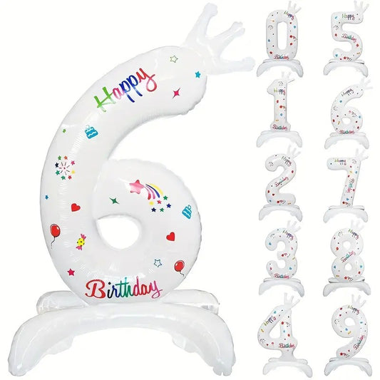 Balon din Folie Metalizata, Figurina Cifra, Model 6 cu Happy Birthday Scris, Tema Aniversare 81 cm, Ambalaj Individual, Pai Inclus, Umflare cu Aer sau Heliu, Alb