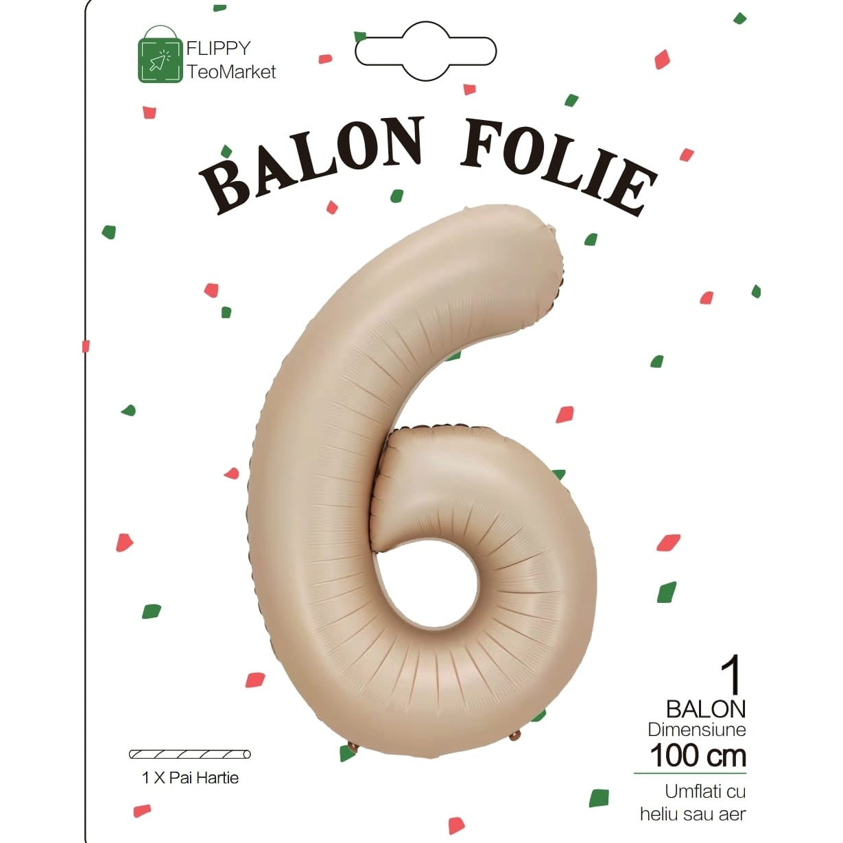 Balon din Folie Metalizata, Figurina Cifra, Model 6, Tema Aniversare 100 cm, Ambalaj Individual, Pai Inclus, Umflare cu Aer sau Heliu, Crem