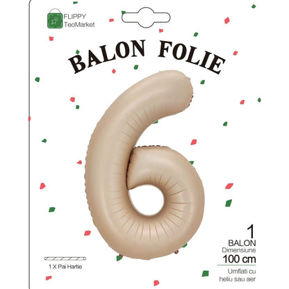 Balon din Folie Metalizata, Figurina Cifra, Model 6, Tema Aniversare 100 cm, Ambalaj Individual, Pai Inclus, Umflare cu Aer sau Heliu, Crem