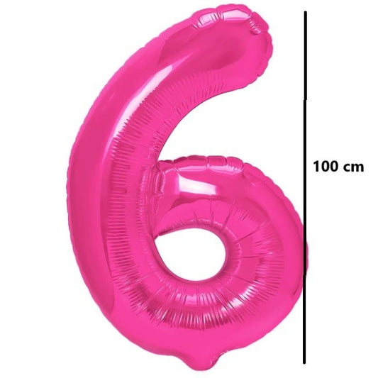 Balon din Folie Metalizata, Figurina Cifra, Model 6, Tema Aniversare 100 cm, Ambalaj Individual, Pai Inclus, Umflare cu Aer sau Heliu, Roz