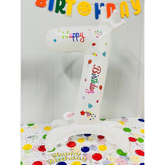 Balon din Folie Metalizata, Figurina Cifra, Model 7 cu Happy Birthday Scris, Tema Aniversare 81 cm, Ambalaj Individual, Pai Inclus, Umflare cu Aer sau Heliu, Alb