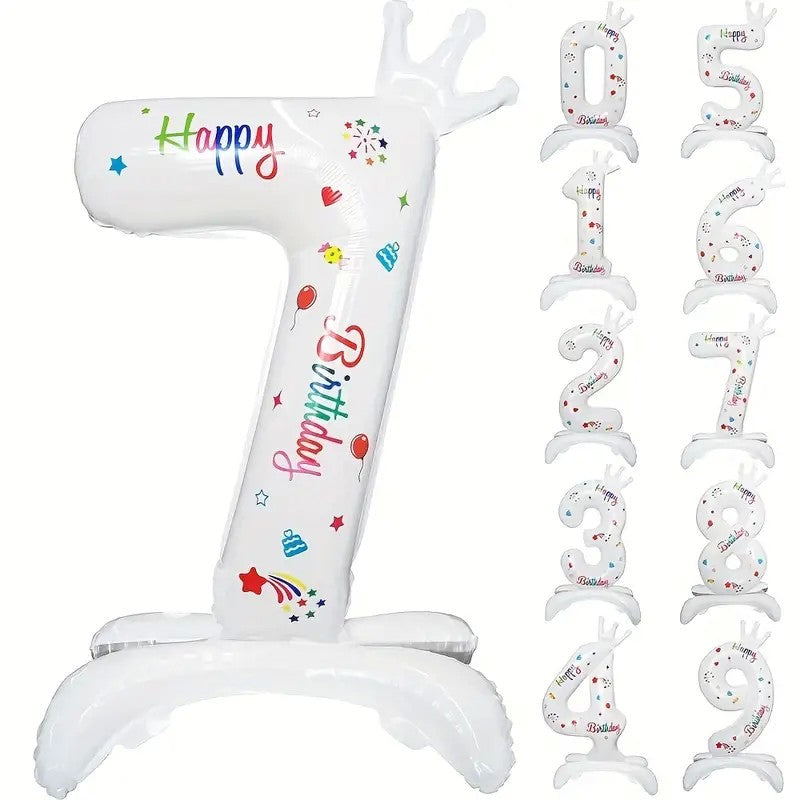 Balon din Folie Metalizata, Figurina Cifra, Model 7 cu Happy Birthday Scris, Tema Aniversare 81 cm, Ambalaj Individual, Pai Inclus, Umflare cu Aer sau Heliu, Alb