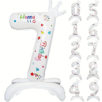 Balon din Folie Metalizata, Figurina Cifra, Model 7 cu Happy Birthday Scris, Tema Aniversare 81 cm, Ambalaj Individual, Pai Inclus, Umflare cu Aer sau Heliu, Alb