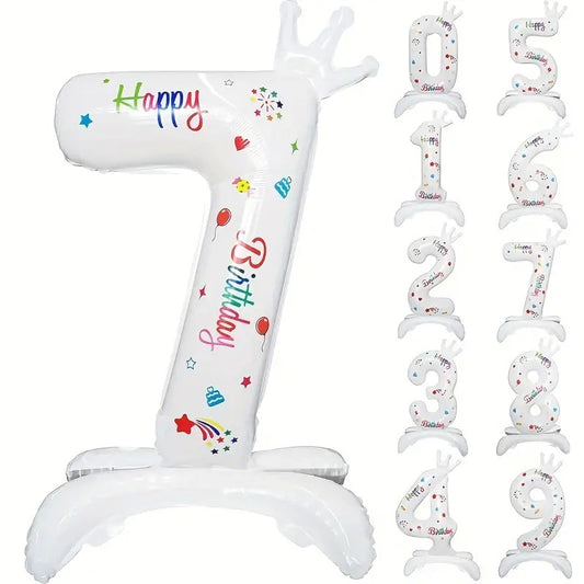Balon din Folie Metalizata, Figurina Cifra, Model 7 cu Happy Birthday Scris, Tema Aniversare 81 cm, Ambalaj Individual, Pai Inclus, Umflare cu Aer sau Heliu, Alb