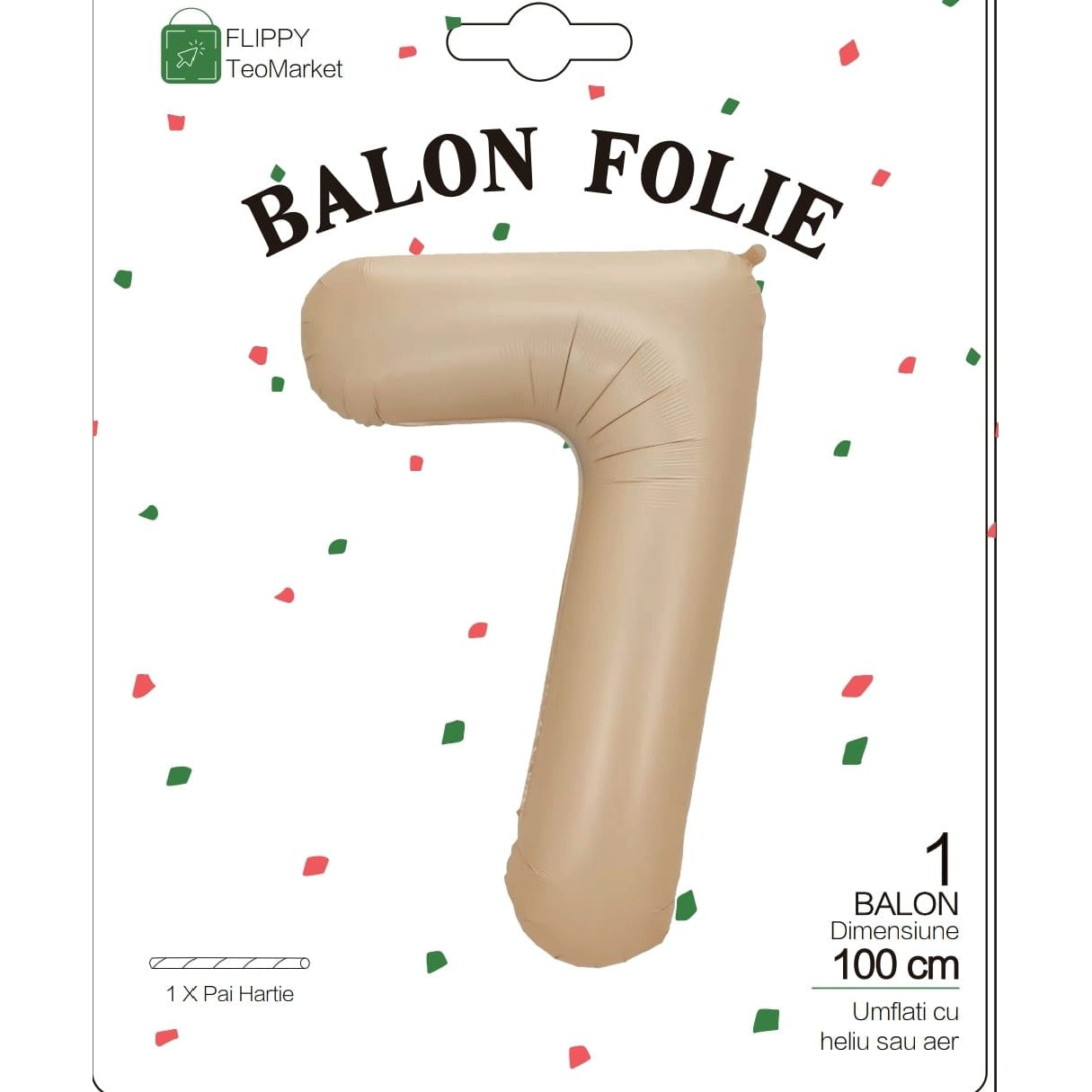 Balon din Folie Metalizata, Figurina Cifra, Model 7, Tema Aniversare 100 cm, Ambalaj Individual, Pai Inclus, Umflare cu Aer sau Heliu, Crem