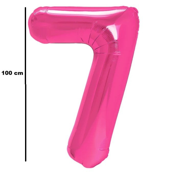 Balon din Folie Metalizata, Figurina Cifra, Model 7, Tema Aniversare 100 cm, Ambalaj Individual, Pai Inclus, Umflare cu Aer sau Heliu, Roz