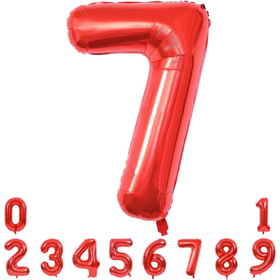 Balon din Folie Metalizata, Figurina Cifra, Model 7, Tema Aniversare 40 cm, Ambalaj Individual, Pai Inclus, Umflare cu Aer sau Heliu, Rosu