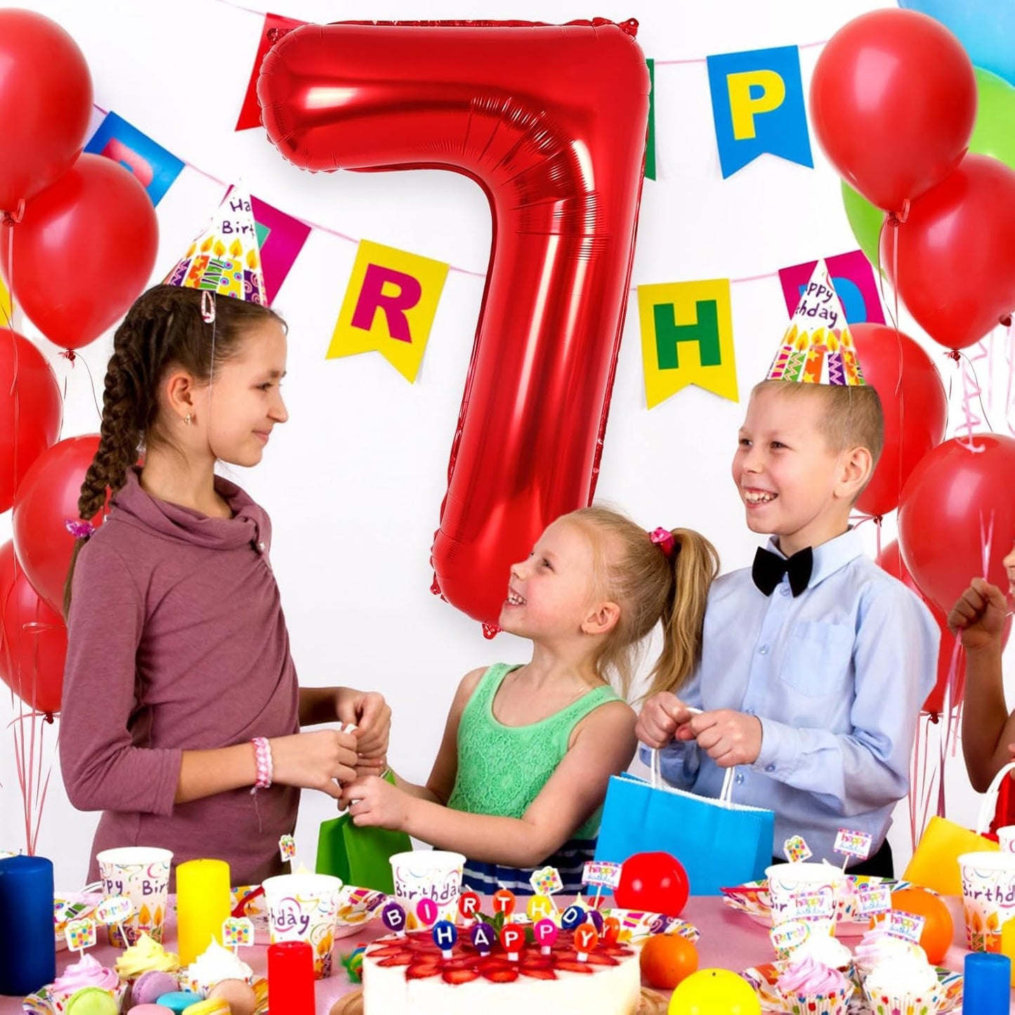 Balon din Folie Metalizata, Figurina Cifra, Model 7, Tema Aniversare 40 cm, Ambalaj Individual, Pai Inclus, Umflare cu Aer sau Heliu, Rosu
