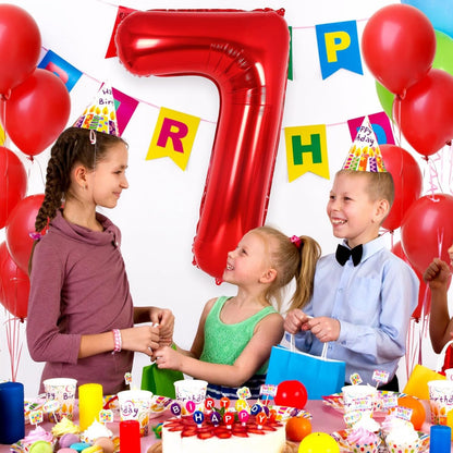 Balon din Folie Metalizata, Figurina Cifra, Model 7, Tema Aniversare 40 cm, Ambalaj Individual, Pai Inclus, Umflare cu Aer sau Heliu, Rosu