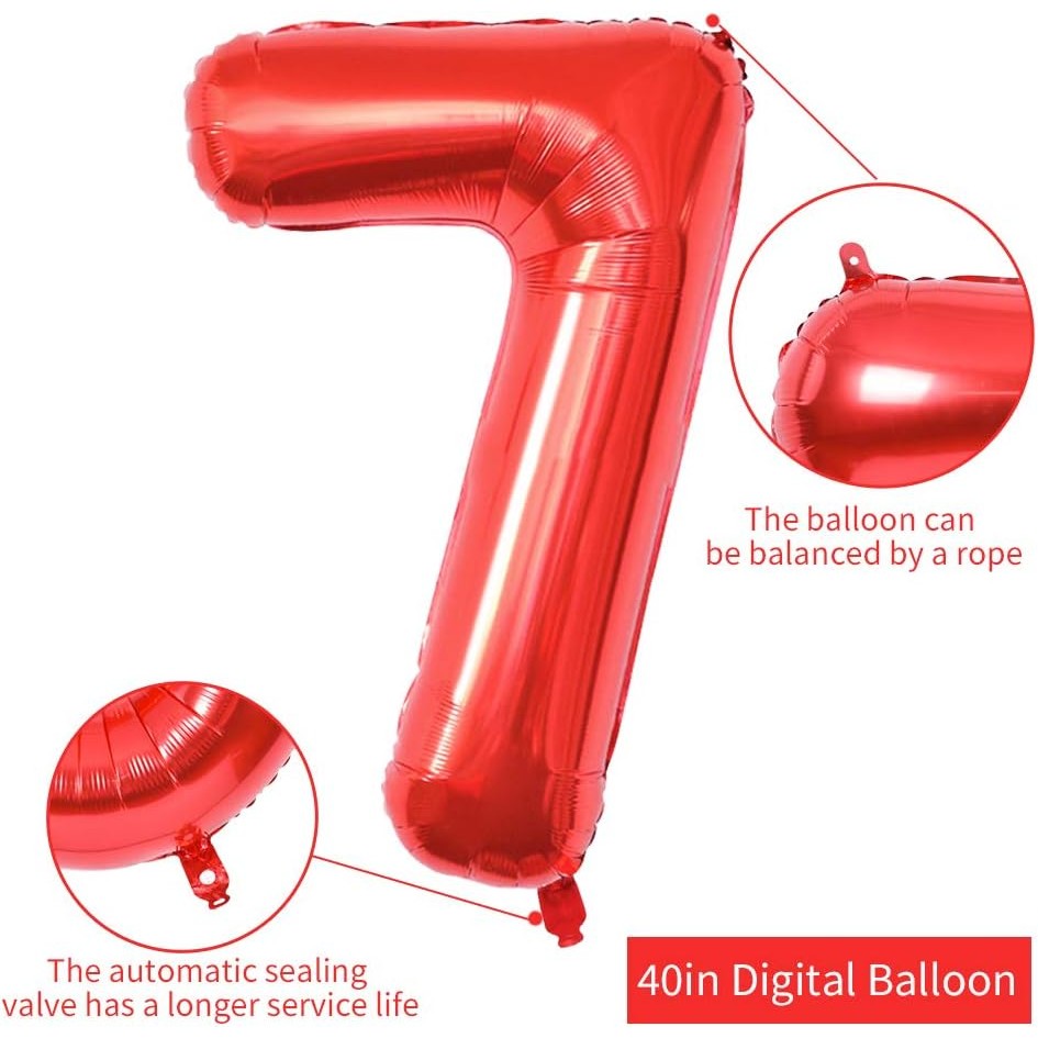 Balon din Folie Metalizata, Figurina Cifra, Model 7, Tema Aniversare 40 cm, Ambalaj Individual, Pai Inclus, Umflare cu Aer sau Heliu, Rosu