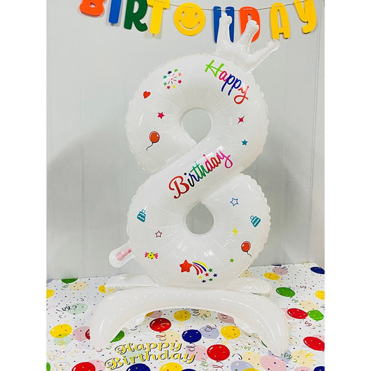 Balon din Folie Metalizata, Figurina Cifra, Model 8 cu Happy Birthday Scris, Tema Aniversare 81 cm, Ambalaj Individual, Pai Inclus, Umflare cu Aer sau Heliu, Alb
