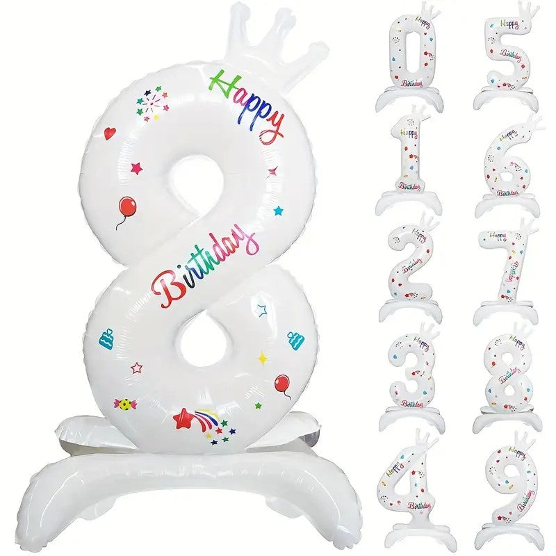 Balon din Folie Metalizata, Figurina Cifra, Model 8 cu Happy Birthday Scris, Tema Aniversare 81 cm, Ambalaj Individual, Pai Inclus, Umflare cu Aer sau Heliu, Alb