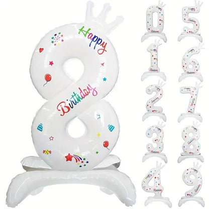Balon din Folie Metalizata, Figurina Cifra, Model 8 cu Happy Birthday Scris, Tema Aniversare 81 cm, Ambalaj Individual, Pai Inclus, Umflare cu Aer sau Heliu, Alb