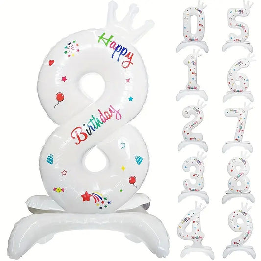 Balon din Folie Metalizata, Figurina Cifra, Model 8 cu Happy Birthday Scris, Tema Aniversare 81 cm, Ambalaj Individual, Pai Inclus, Umflare cu Aer sau Heliu, Alb