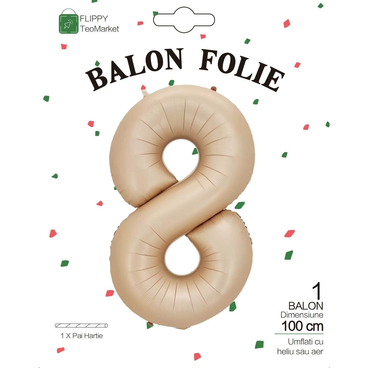 Balon din Folie Metalizata, Figurina Cifra, Model 8, Tema Aniversare 100 cm, Ambalaj Individual, Pai Inclus, Umflare cu Aer sau Heliu, Crem