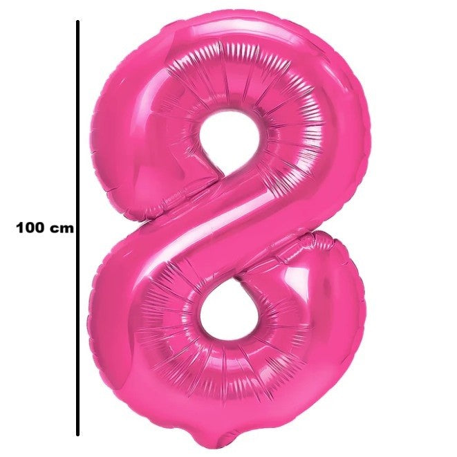 Balon din Folie Metalizata, Figurina Cifra, Model 8, Tema Aniversare 100 cm, Ambalaj Individual, Pai Inclus, Umflare cu Aer sau Heliu, Roz