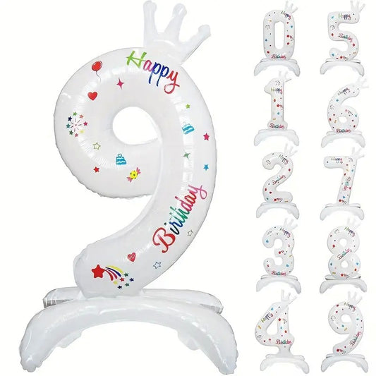 Balon din Folie Metalizata, Figurina Cifra, Model 9 cu Happy Birthday Scris, Tema Aniversare 81 cm, Ambalaj Individual, Pai Inclus, Umflare cu Aer sau Heliu, Alb
