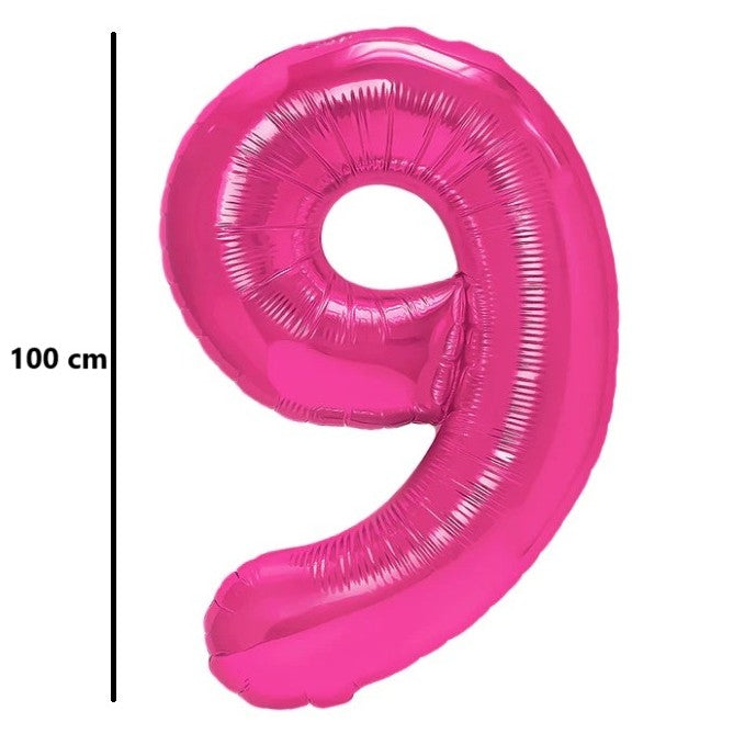 Balon din Folie Metalizata, Figurina Cifra, Model 9, Tema Aniversare 100 cm, Ambalaj Individual, Pai Inclus, Umflare cu Aer sau Heliu, Roz