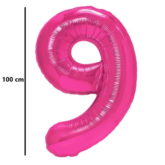Balon din Folie Metalizata, Figurina Cifra, Model 9, Tema Aniversare 100 cm, Ambalaj Individual, Pai Inclus, Umflare cu Aer sau Heliu, Roz