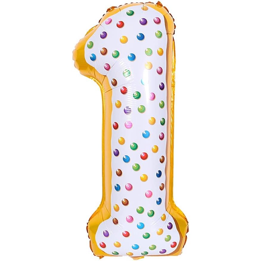 Balon din Folie Metalizata, Figurina Cifra, Model Candy, Tema Aniversare 100 cm, Ambalaj Individual, Pai inclus, Umflare cu Aer sau Heliu, Multicolor, Cifra 1