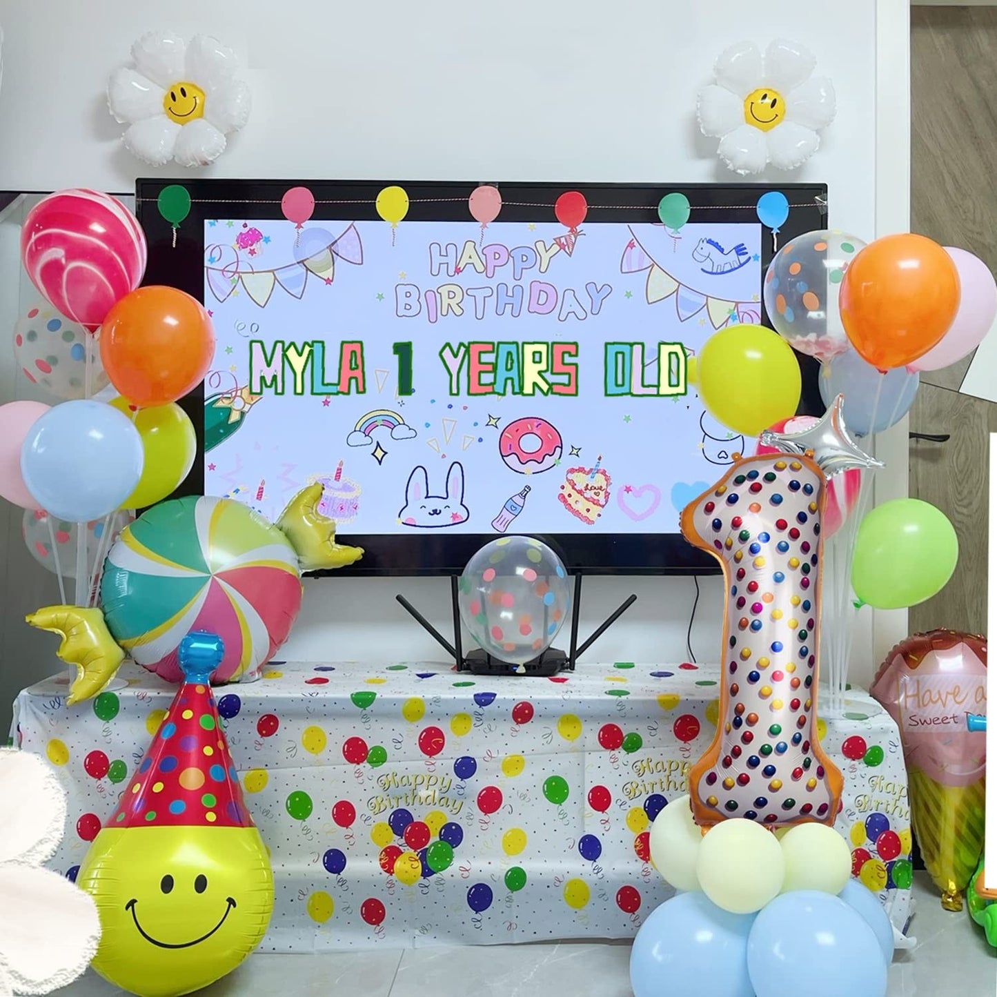 Balon din Folie Metalizata, Figurina Cifra, Model Candy, Tema Aniversare 100 cm, Ambalaj Individual, Pai inclus, Umflare cu Aer sau Heliu, Multicolor, Cifra 1